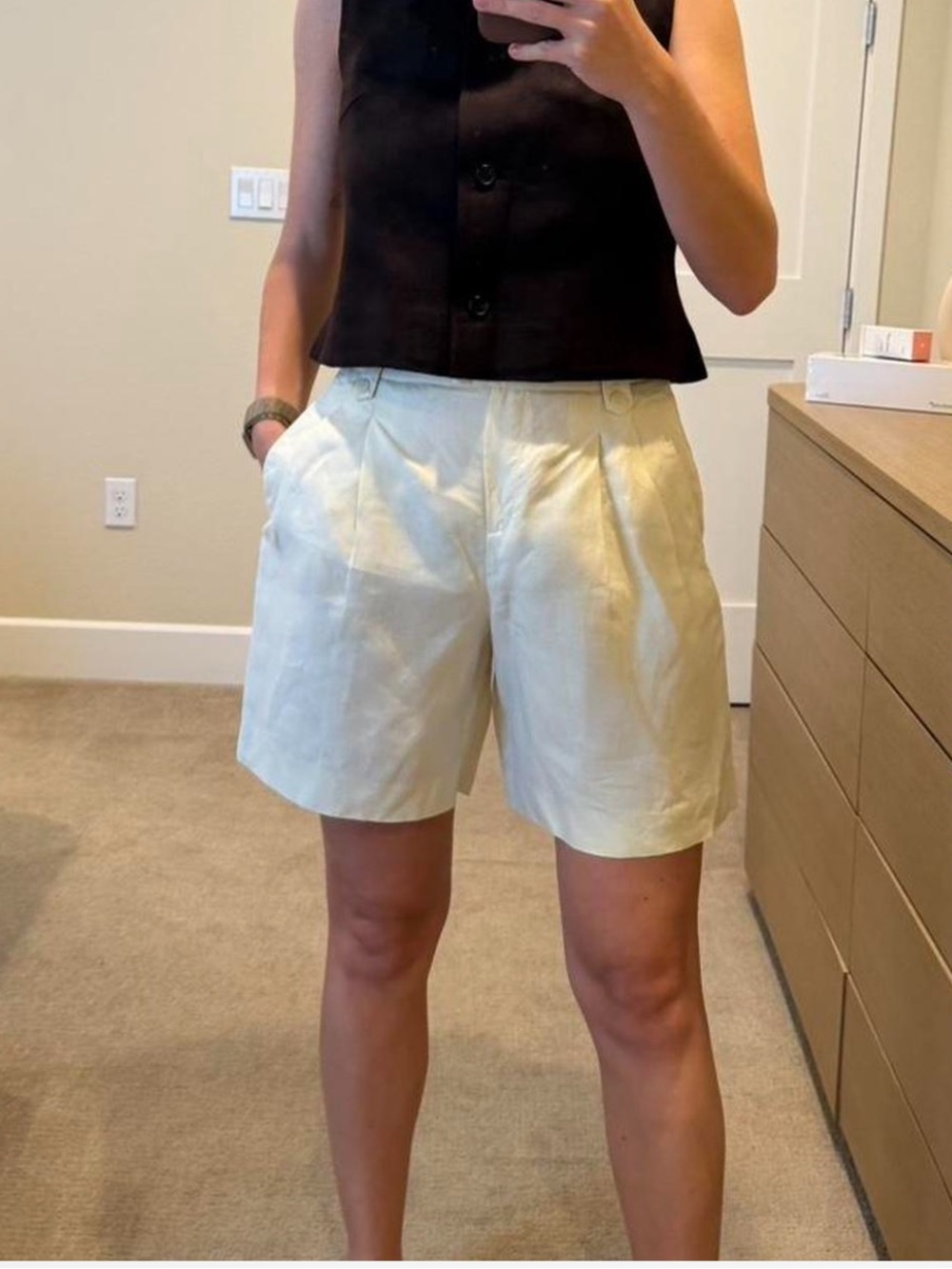 Massimo Dutti Cream High-Rise Tailored Bermuda Shorts
